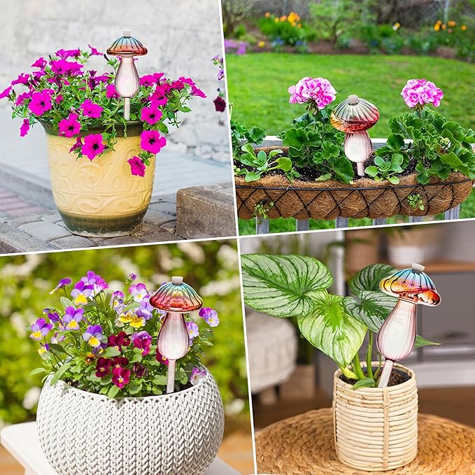 Plant Watering Globes Mushroom, Rainbow Gradient Color Plant Watering Devices, Self Watering Planter Insert, Self Watering Globes - Watering Bulbs for Indoor Plants for Travel Vacation (4 PCS)