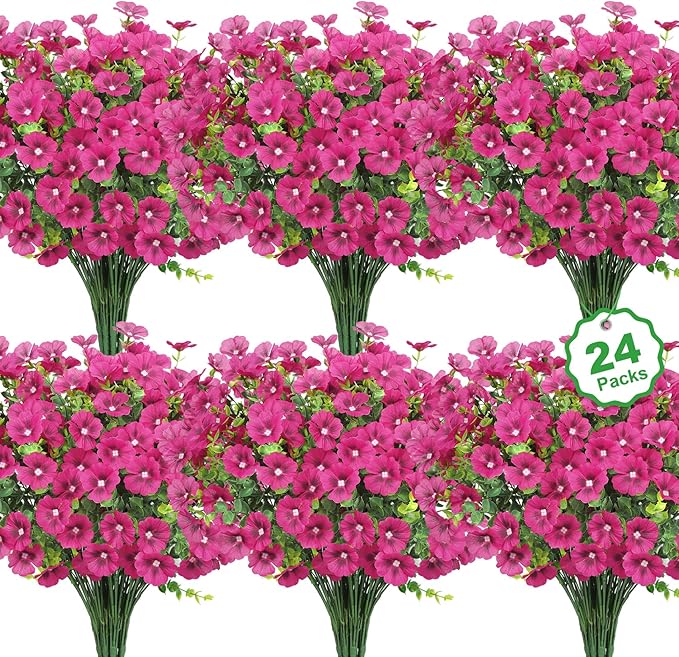 24 Bundles Artificial Flowers for Outdoors Fake Silk Flowers UV Resistant Faux Plants Eucalyptus for Spring Summer Decoration Planters Table Vase Garden Yard Porch Window Home Decor, Fuchsia
