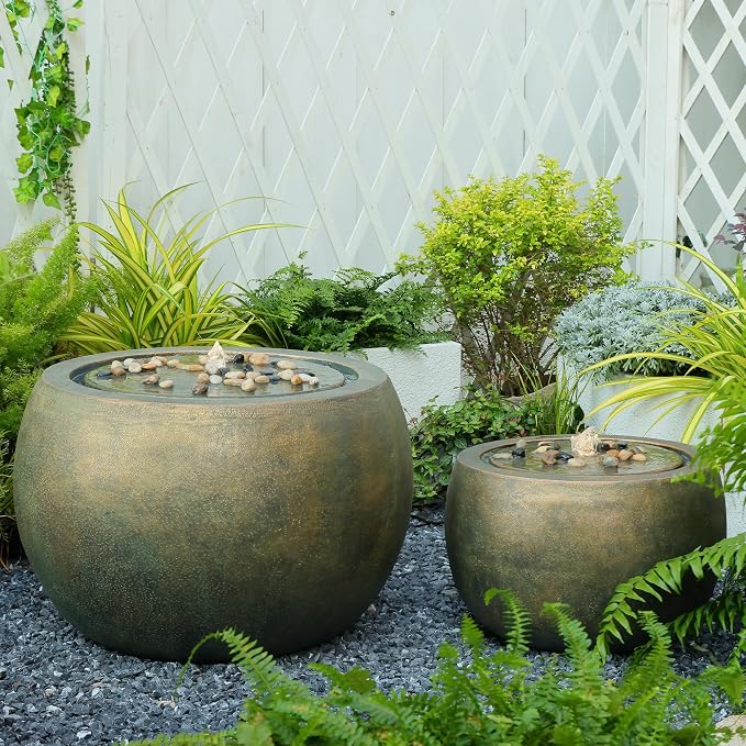 Tankana Garden Water Fountain Outdoor Bubbler Water Feature Indoor with Lights & Pump and Pebbles Waterfall Fountains Concrete Effect for Patio Deck Yard Home Decor Gold, 18 "L x 18" W x 11.5" H