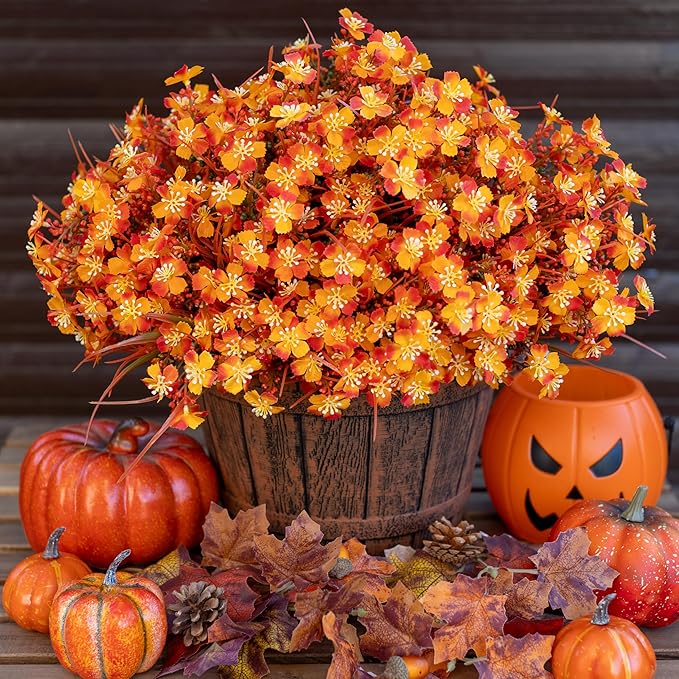 Artificial Flowers Outdoor Shrubs - Fake Plants UV Resistant No Fade Faux Plastic Greenery Home Garden Porch Patio Decoration Office Indoor (Orange)