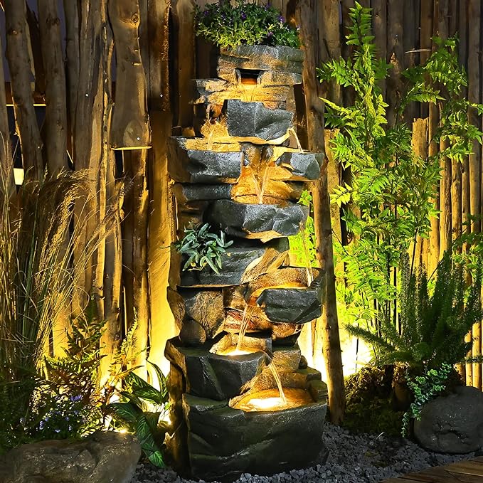 Sunlinua 58" H Outdoor Water Fountain with 7 Tiers New Upgraded Large Cascading Realistic Rock Waterfall Fountains with Lights Outdoor Water Fountain for Garden Patio Backyard Porch Home Decor