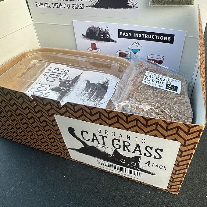 Cat Grass Grow Kit — 4-Batch Indoor Growing Set with Containers, Soil Disks & Seeds | Supports Digestion & Hairball Control | Ready to Grow, No Mess