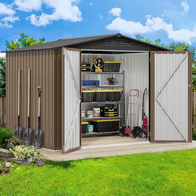 DWVO 7x5ft Metal Outdoor Storage Shed, Waterproof Tool Shed Heavy-Duty Storage Unit with Lockable Door and Vents, Ideal for Bicycles, Tools, Lawnmowers, Backyards, Patios, Lawns - Brown