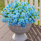 Artificial Fake Outdoor Plants Flowers for Summer Decoration, 12 Bundles Silk Blue Morning Glory Eucalyptus Realistic UV Resistant Faux Flowers for Outside Planter Front Door Porch Garden Yard Patio