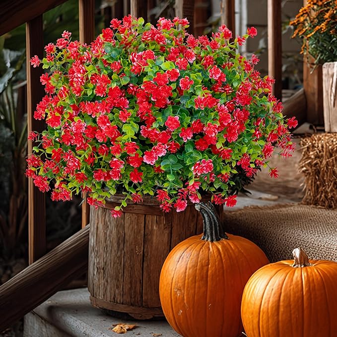 Artificial Flowers for Outdoors Fake Plants - 12 Bundles Faux UV Resistant No Fade Plastic Greenery Home Garden Porch Patio Decoration Boxwood Shrubs (Red)