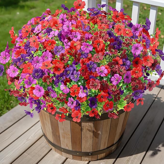 Alupssuc 24 Bundles Artificial Flowers for Outdoors Decoration, UV Resistant Silk Faux Floral Spring Fake Plastic Plants Greenery for Outside Indoor Garden Porch Window Box Home Decor(4 Colors)