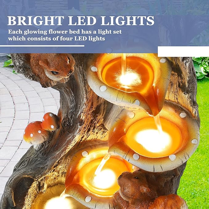 Grepatio Outdoor 4-Tiers Cascading Water Fountain, Garden Waterfalls Fountain with LED Lights, Indoor/Outdoor Floor Standing Water Fountains with Pump for Patio, Yard, Deck Decor with 2 Squirrel Look