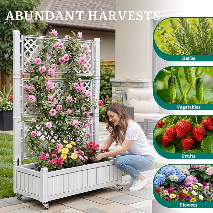 YITAHOME 42.5x14.2x61 in Planter Box with Trellis/Outdoor Privacy Screen, All-Weather Raised Garden Bed with Wheels & Drain Plug for Climbing Plants Flowers Herbs, White