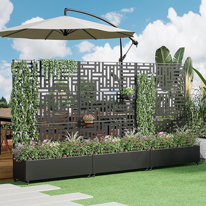 Casaphoria Metal Raised Garden Bed with Trellis and Wheels, 72"x47"x16" Planter Box for Climbing Plants, Vegetables & Vines, Features Drainage Holes and Privacy Screen (Black-Helen)