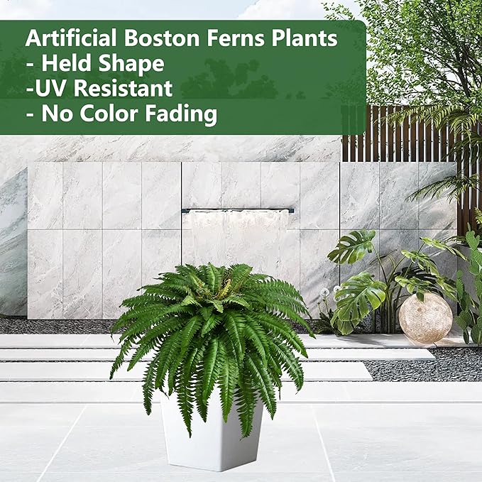 48In Artificial Boston Ferns Bush, Set of 2 Large Faux Ferns Plants, 67 Branches Fake Ferns for Home Living Room Decor, Indoor and Outdoor