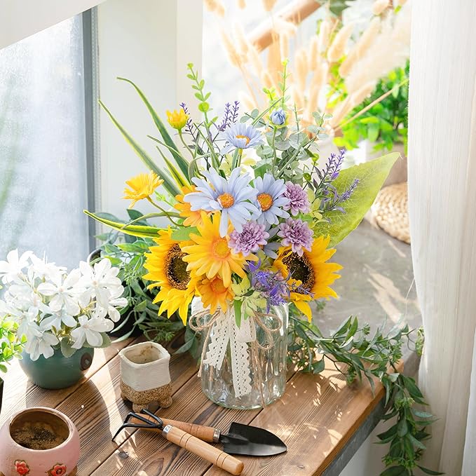 LUEUR Artificial Silk Sunflower with Vase Fake Flowers in Vase Centerpiece Coffee Table Decor, Fake Plant Blue Daisy Flower Arrangement for Spring & Summer Decorations Indoor Home Office Living Room