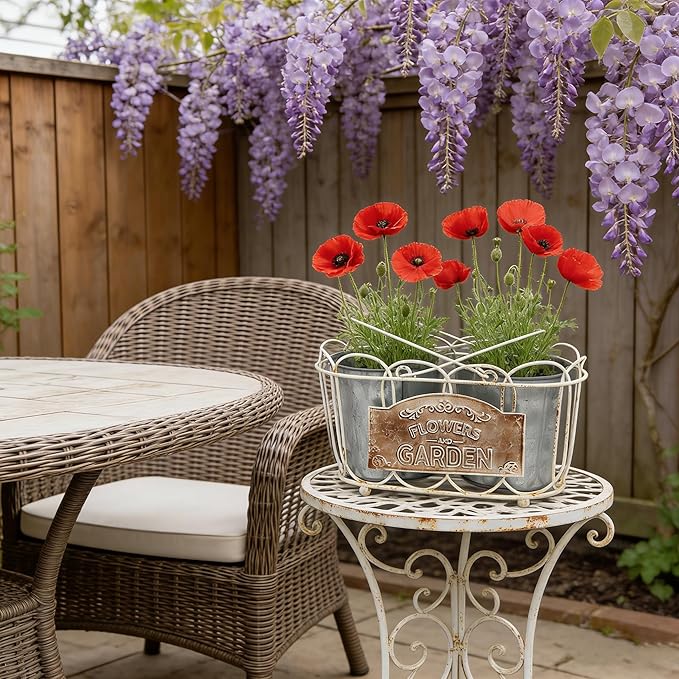 Vintage 2-Piece Metal Planter Set, Distressed White Iron Wire Basket with Flowers Garden Sign, Rustic Farmhouse Plant Pots for Tabletop, Window Sill & Balcony Decor