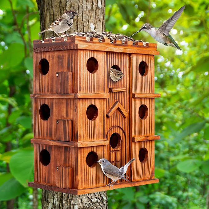 MIXUMON Wooden Bird Houses for Outside – 14 Rooms Large Bird House, Carbonized Pine Rustic Finish, 1.57" Entrance Holes, Cleaning Doors, Outdoor Birdhouse Nesting Box (Rustic, 14 Rooms)