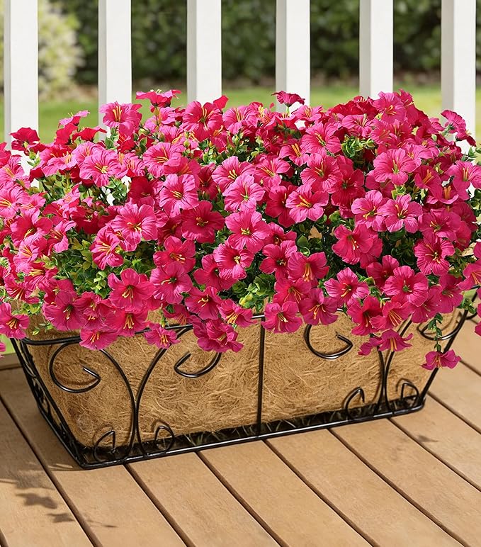 Artificial Flowers for Outdoors Fake Plants Outside Decoration, 20 Bundles Fuchsia Silk Petunia with Eucalyptus UV Resistant Realistic Faux Flowers for Outdoor Planters Garden Balcony Yard Porch Patio