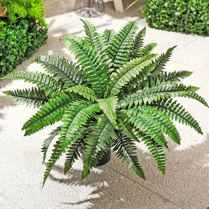 Fake Ferns Potted Plant, Artificial Boston Ferns in Pot, 34 Leaves for Outdoors & Indoor Faux Boston Bush Plant Artificial Greenery Patio Garden Farmhouse Windowsill Porch Home Decor