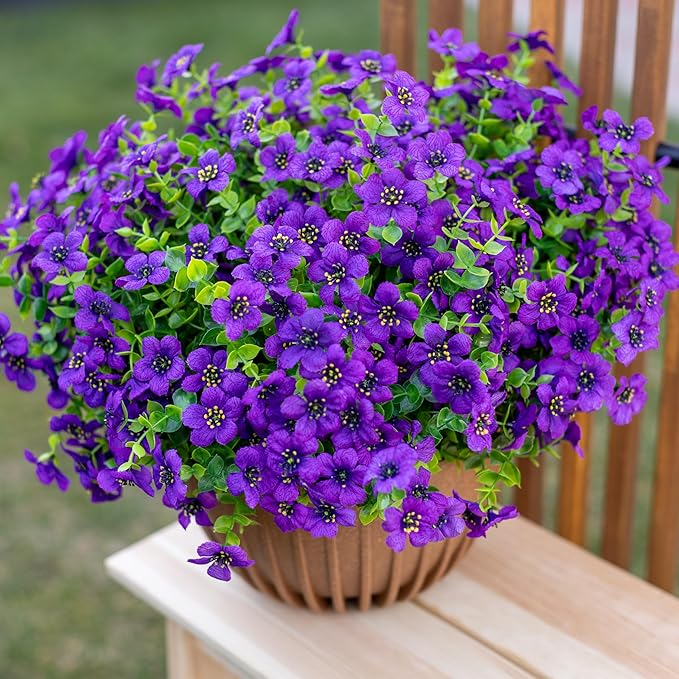 AXYLEX Artificial Flowers for Outdoors Fake Plants - 16 Bundles Fake Plants UV Resistant No Fade Faux Plastic Greenery Home Garden Porch Patio Decoration Office Indoor (Purple)