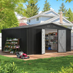 14x12 FT Outdoor Storage Shed, Metal Garden Shed with Lockable Door & Sloped Roof, Large Waterproof Utility Tool Shed for Backyard, Garden, Patio, Lawn, Black