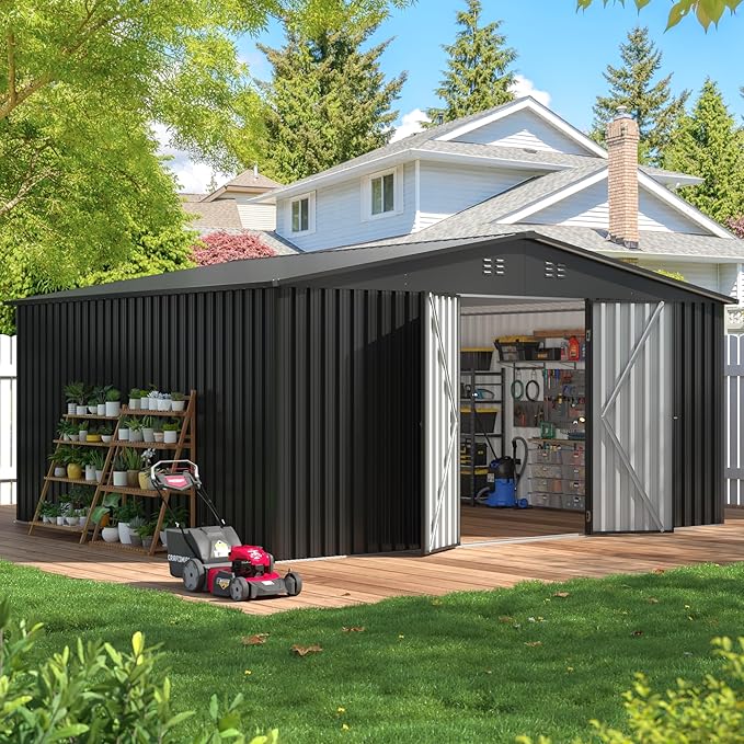 14x12 FT Outdoor Storage Shed, Metal Garden Shed with Lockable Door & Sloped Roof, Large Waterproof Utility Tool Shed for Backyard, Garden, Patio, Lawn, Black
