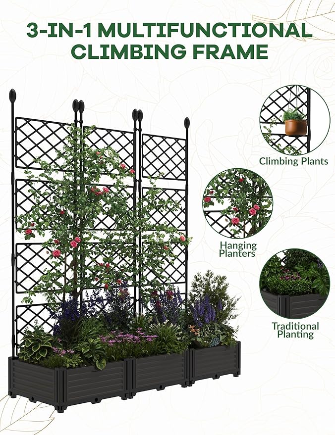 Garvee Raised Garden Bed with Trellis 3-Pack - 48" l x 16" w x 63" h Plastic Vertical Planter Box for Climbing Plants, Outdoor Privacy Screen for Patio, Balcony, Backyard - Sturdy & Lightweight