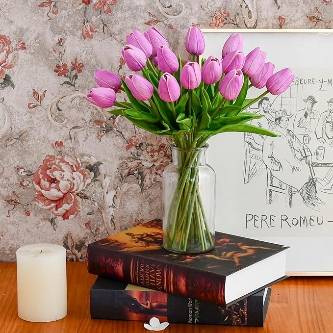 Mandy's Lavender Artificial Tulips Flowers Centerpiece, 13.5" Lifelike PU Fake Floral Stems 20pcs for Kitchen Island & Dining Table, Spring Decor for Easter