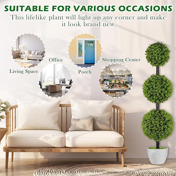 2 Pack Artificial Topiary Ball Tree 4FT, Set of 2 Faux Triple Balls Tree in Pot Shrubs Plants for Outdoor Front Door Porch Plant Outdoor