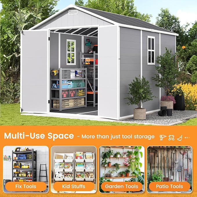 UDPATIO Storage Shed 8 x 10 FT, Resin Sheds & Outdoor Storage with Floor Large Clearance Outdoors Plastic Garden Tool Shed Tuff Outside Cottage Shed with Lockable Door for Bike, Garbage Gray White