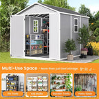 UDPATIO Storage Shed 8 x 10 FT, Resin Sheds & Outdoor Storage with Floor Large Clearance Outdoors Plastic Garden Tool Shed Tuff Outside Cottage Shed with Lockable Door for Bike, Garbage Gray White