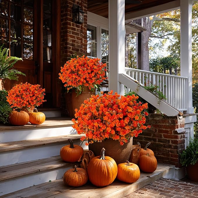 Artificial Fall Flowers Outdoor Fake Mums - 12 Bundles Fake Plants UV Resistant No Fade Faux Plastic Greenery Garden Porch Patio Fall Home Decor(OrangeGreen)