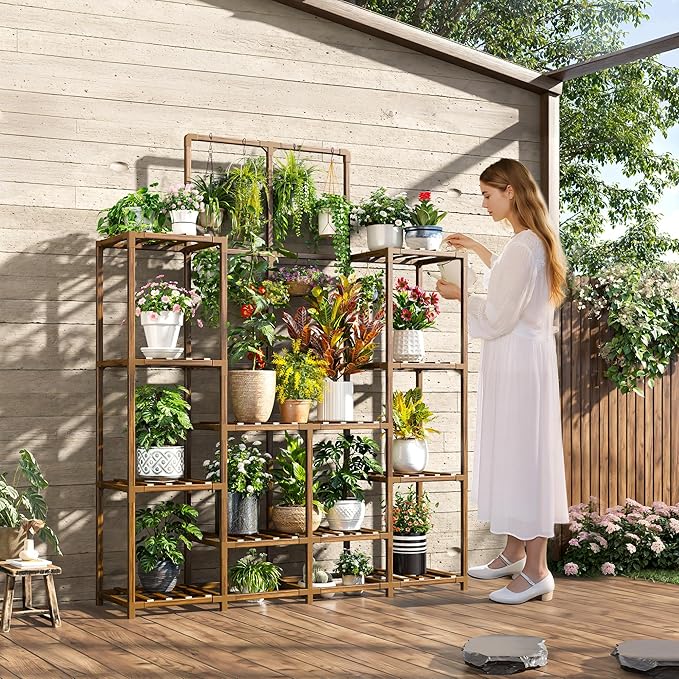 EnHomee Plant Stand Indoor Tall Plant Stand Outdoor Large Wood Plants Shelf with 16-18 Pots for Patio, Living Room, Garden, Balcony, 45" Wx62.1 Hx11.78 D