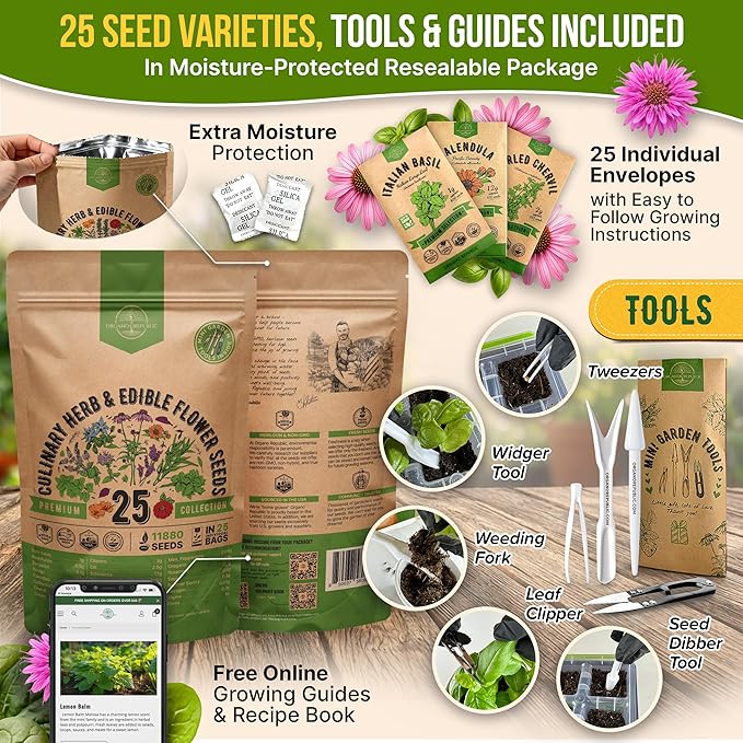 25 Culinary Herbs & Edible Flower Seed Variety Pack for Planting Indoor & Outdoors. 11900+ Non-GMO Heirloom Flower Seeds: Basil, Borage, Echinacea, Lavender, Oregano, Rosemary Seeds & More