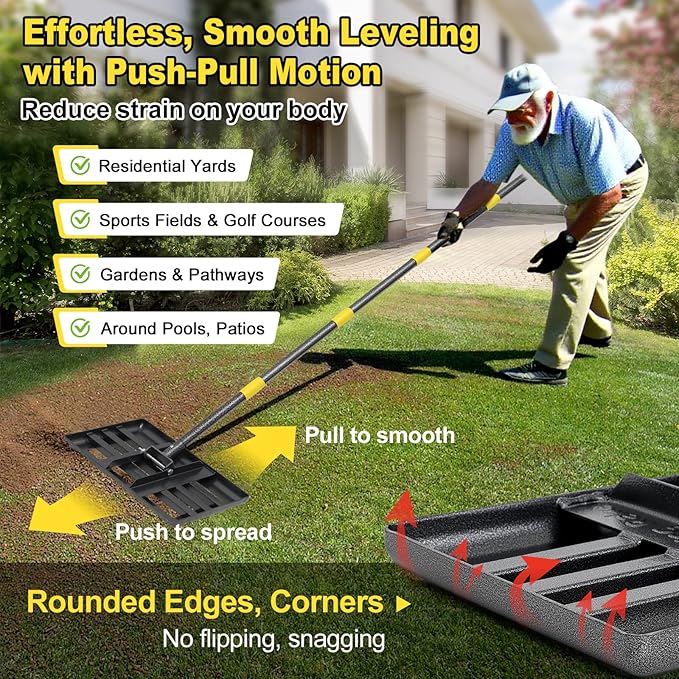 Lawn Leveling Rake, Heavy Duty 17" x 10" Stainless Steel Lawn Leveler for Soil Dirt Leveling Spreading,72" Adjustable Long Handle,Golf Field,Lawn,Tight Spot Landscaping Tool,Ground Leveler for Yard