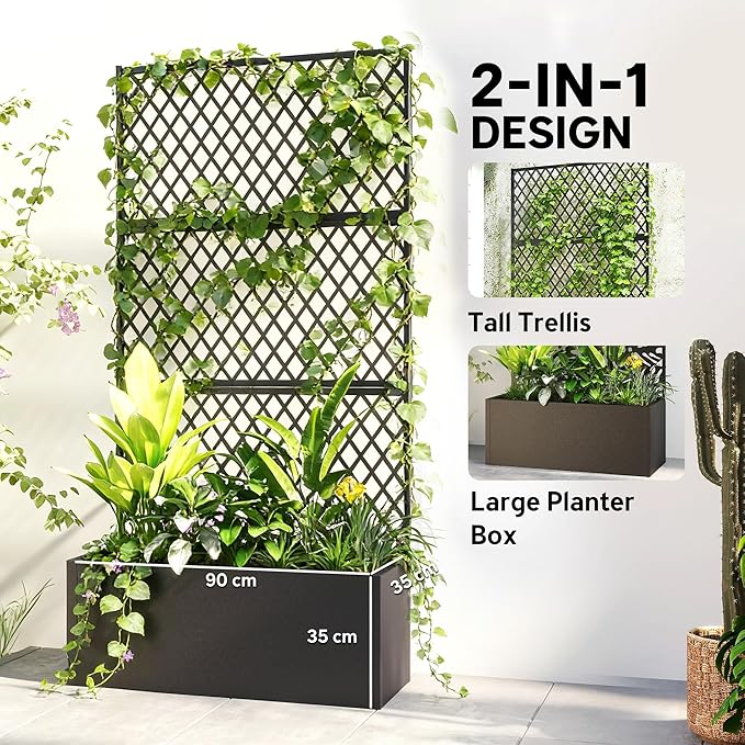 Outsunny Metal Planter Box with Trellis, Raised Garden Bed with Trellis Privacy Screen and Drainage Holes for Climbing Plants, Diamond Lattice Privacy Planter for Garden, Patio, Balcony