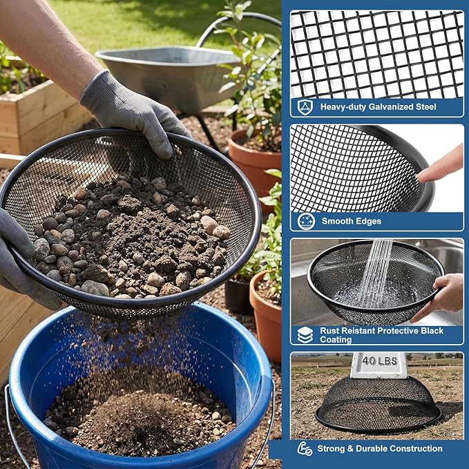 2PCS Soil Sifter for Gardening, 11.8" W Rock Sifter for 5 Gallon Bucket, 3mm/6mm Mesh Galvanized Steel Sifting Screen Dirt Sifter for Compost, Worm, Leaves, Sawdust, Rocks, Sand and Gravel