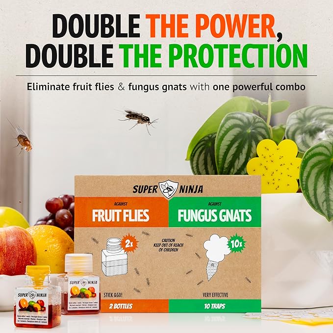 Super Ninja Gnat Traps for House Indoor - Fungus Gnat & Fruit Fly Traps - 10 Sticky Traps for Plants & 2 Highly Effective Fruit Fly Catchers for Indoors, Kid & Pet Friendly