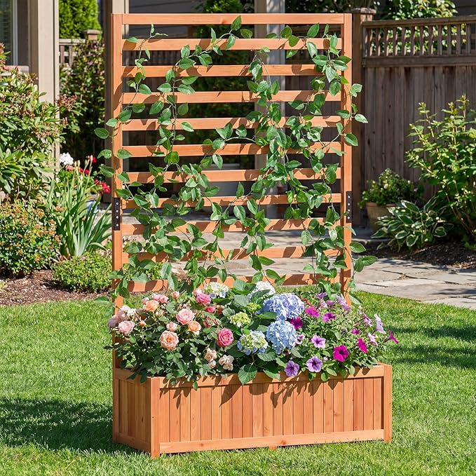 HAPPYGRILL Raised Garden Bed with Trellis, 59" Tall Wooden Elevated Planter Box w/Liner, Drainage, Detachable Base Panel for Climbing Plant Vine Flower, Outdoor Planter w/Trellis for Patio (1)