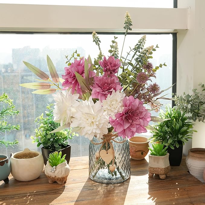 LUEUR Artificial Dahlia Flowers with Vase – Rose Red Faux Flower Arrangement, Romantic Floral Centerpiece Table Decorations for Coffee Table, Dining Room, Living Room & Farmhouse Spring & Summer Decor