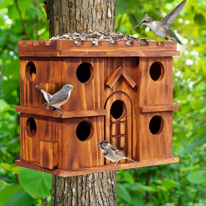 MIXUMON Wooden Bird Houses for Outside – 9 Rooms Large Bird House, Carbonized Pine Rustic Finish, 1.5" Entrance Holes, Cleaning Doors, Outdoor Birdhouse Nesting Box (Rustic, 9 Rooms)
