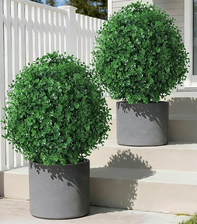 27'' Artificial Topiary Plants for Outdoor 2 Pack Artificial Topiary Trees with Stable Metal Ground Spike Fake Bushes Shrubs for Outside Garden Front Porch Landscape Walkway, Green Eucalyptus