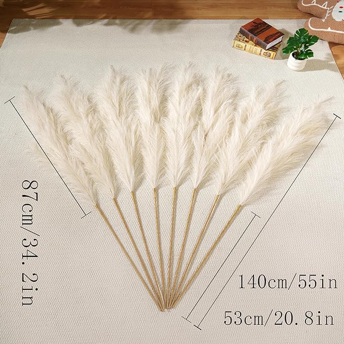 Premium Faux Beige Pampas Grass – 55" 8pcs Tall Ultra-Fluffy 24-Branch One-Piece Stems No Assembly, Luxury Silk-Feel Feather Flowers for Boho Modern Farmhouse Home Decor (Sand, 8 Stems)
