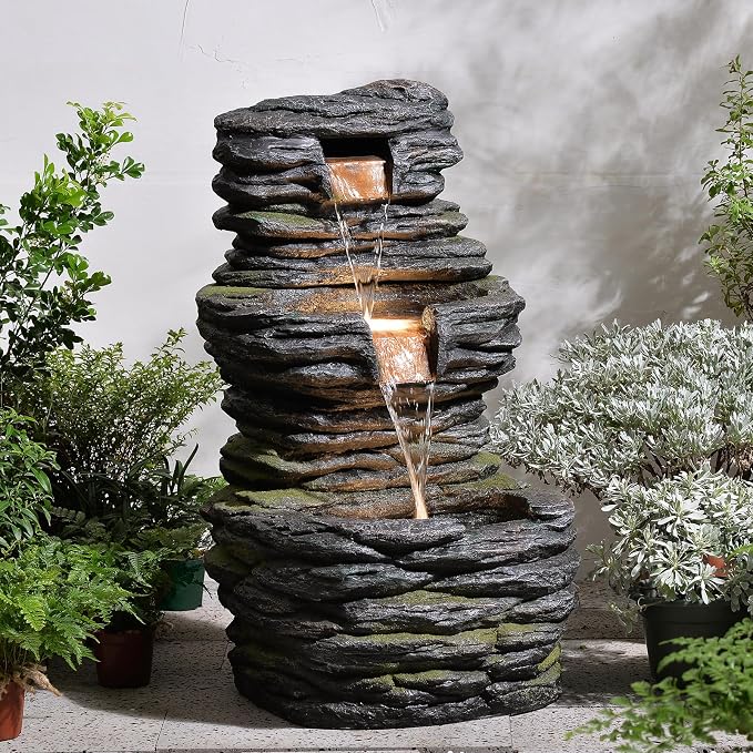 3 Tier Cascading Rock Water Fountain Outdoor Garden,28.74" H Natural Look Outdoor Fountains and Waterfalls with LED Lights for Patio, Deck, Porch, Backyard, Outside and Indoor Home Decor