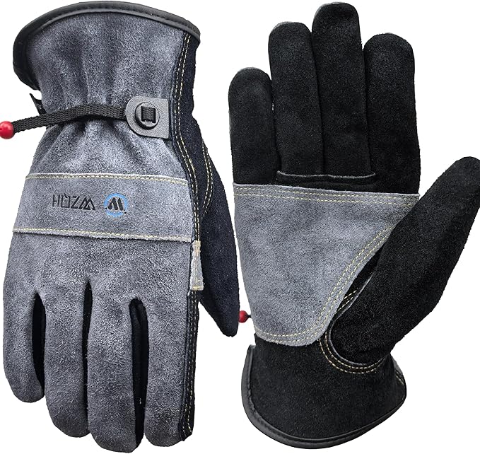 WZQH Leather Work Gloves for Men or Women, Large Glove for Gardening, Tig/Mig Welding, Construction, Chainsaw, Farm, Ranch, etc. Cowhide, Cotton Lined, Utility, Firm Grip, Durable. Grey-Black L