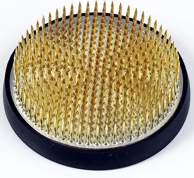 Wazakura Ikebana Kenzan Japanese Flower Holder, Made in Japan, Floral Arranging Pin Frog, Round - 3-1/4"(80mm) Brass
