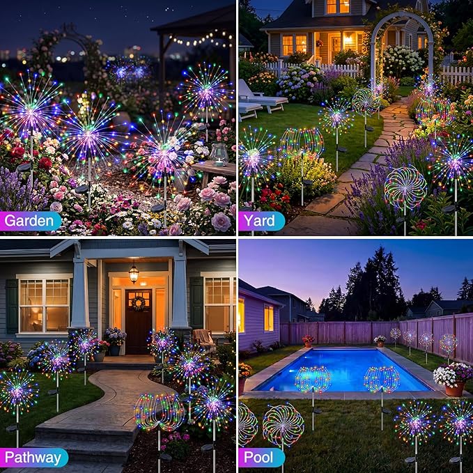 btfarm 2 Pack Solar Garden Lights Outdoor 8 Modes, 120 LED Firework Lights Solar Powered, Waterproof Twinkle Fairy Light Outside for Yard Pathway Lawn Pool Patio Christmas Decorative, Multicolor