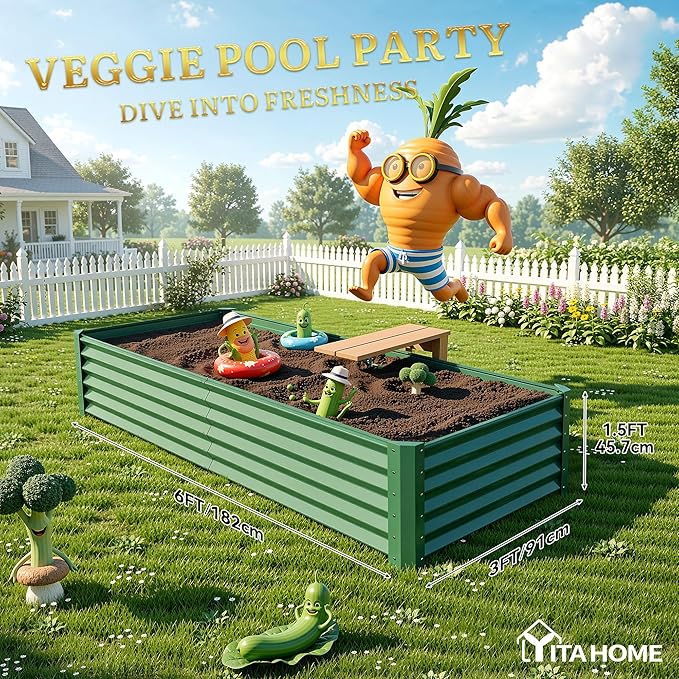 YITAHOME 6x3x1.5 2pcs Large Raised Garden Bed Kit, Galvanized Metal Planter Box with Gloves, Support Rod, Outdoor Above Ground Planters for Plants Vegetables Flowers, Green