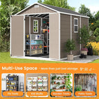UDPATIO Outdoor Resin Storage Shed 8 x 10 FT, Plastic Storage Shed with Floor Large Outdoors Garden Tool Storage Shed Outside Clearance Shed with Lockable Door for Bike, Backyard, Patio, Brown