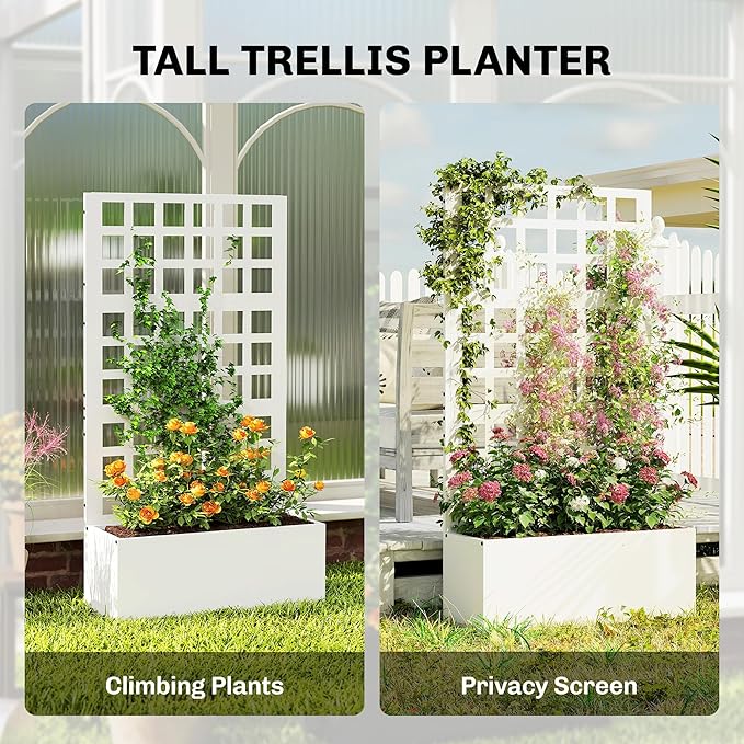 Outsunny Galvanized Raised Garden Bed with Trellis, Metal Planter Box with Drainage Holes, Outdoor Privacy Screen for Climbing Plants, Vegetable, Vines, 24" x 9" x 44.5", White