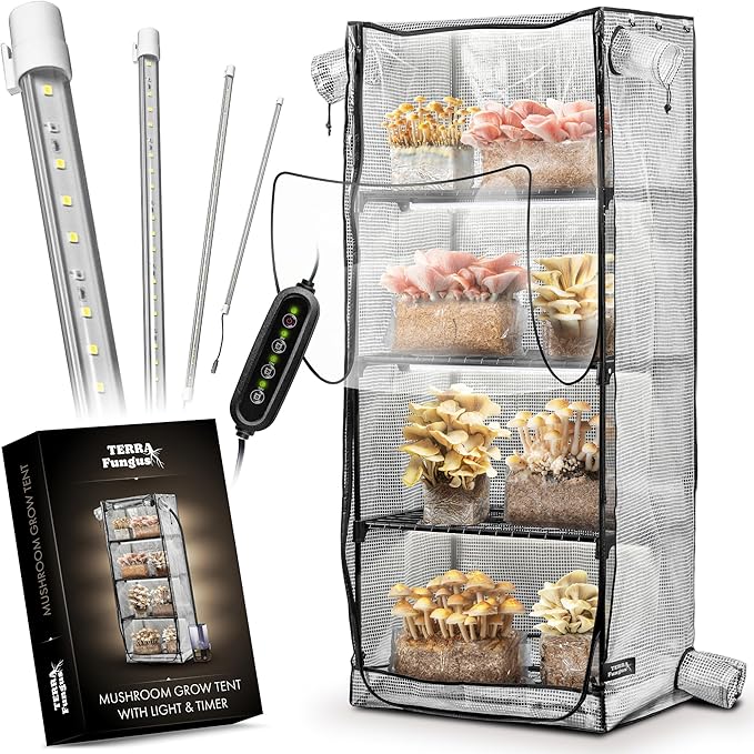 Mushroom Grow Tent with 6500K LED Light & Timer, 4-Tier Shelves Fit Up to 8 Monotubs, Mini Indoor Greenhouse with Grow Light, Waterproof Tray, 4 Vents, Martha Tent