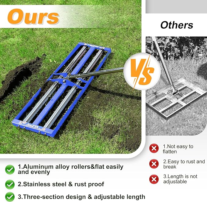 Updated Lawn Leveling Rake 30"x10", Lawn Leveler with Aluminum Rollers, Yard Leveling Rake Stainless Steel with 27-80" Adjustable Handle, Heavy-Duty Ground Leveler Suit for Garden,Golf,Lawn,Farm,Blue