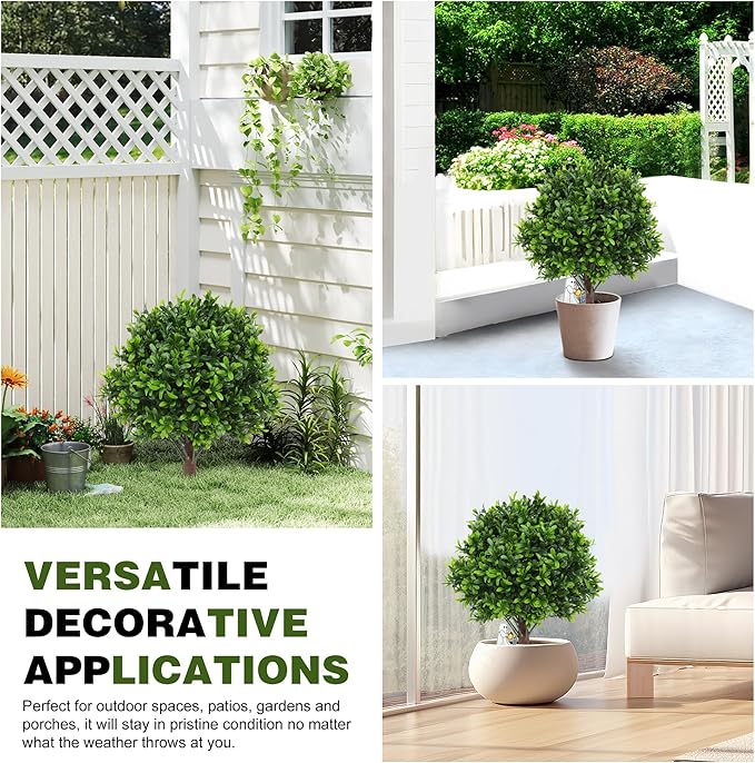 JTING' CHOISIR Set of 2 Artificial Boxwood Topiary Ball Trees with Ground Spike, 26 Inches UV Resistant Fake Plant Bushes Shrubs, for Indoor Outdoor Front Porch Garden (Boxwood)