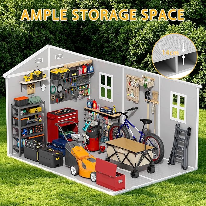 PIPLEO 8x12 FT Resin Outdoor Storage Shed with Floor, Plastic Garden Storage Shed with Lockable Door & Vent, All Weather Versatile Tool Shed for Backyard, Patio, Lawn, Cloud Gray